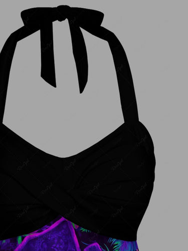 Gothic Skull Pirate Tropical Leaf Hibiscus Flower Print Hawaii Twist Halter Tankini Top