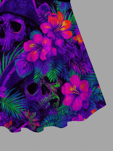Gothic Skull Pirate Tropical Leaf Hibiscus Flower Print Hawaii Twist Halter Tankini Top