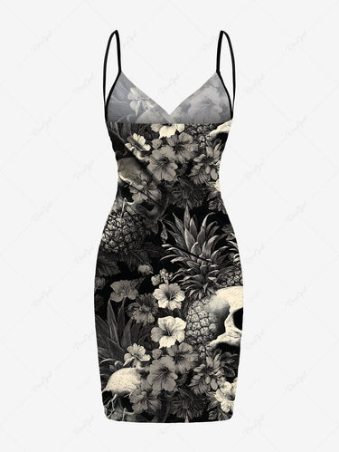 Gothic Plus Size Skull Pineapple Hibiscus Flower Print Hawaii Convertible Beach Cover Up