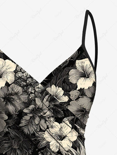 Gothic Plus Size Skull Pineapple Hibiscus Flower Print Hawaii Convertible Beach Cover Up