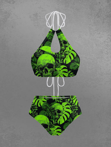 Gothic Skull Tropical Leaf Print Hawaii Hollow Out Halter Backless Tankini Swimsuit