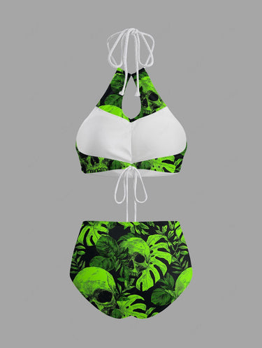 Gothic Skull Tropical Leaf Print Hawaii Hollow Out Halter Backless Tankini Swimsuit