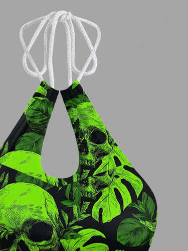 Gothic Skull Tropical Leaf Print Hawaii Hollow Out Halter Backless Tankini Swimsuit