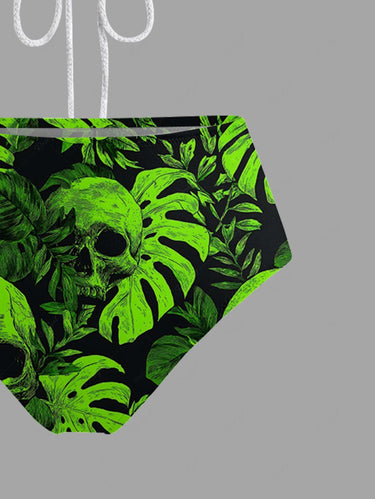 Gothic Skull Tropical Leaf Print Hawaii Hollow Out Halter Backless Tankini Swimsuit