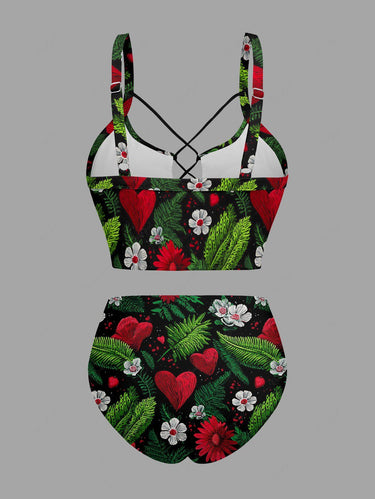 Gothic Tropical Leaf Flower Heart Print Lace Up Tankini Swimsuit (Adjustable Shoulder Strap)