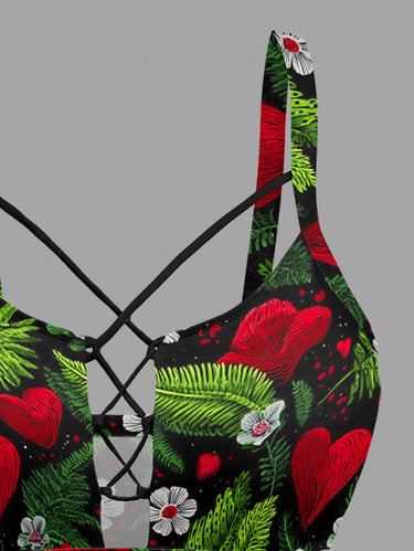 Gothic Tropical Leaf Flower Heart Print Lace Up Tankini Swimsuit (Adjustable Shoulder Strap)