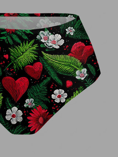 Gothic Tropical Leaf Flower Heart Print Lace Up Tankini Swimsuit (Adjustable Shoulder Strap)