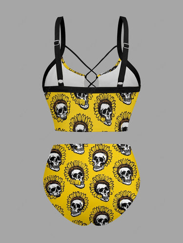 Gothic Skull Sunflower Print Lace Up Tankini Swimsuit (Adjustable Shoulder Strap)