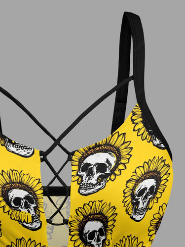 Gothic Skull Sunflower Print Lace Up Tankini Swimsuit (Adjustable Shoulder Strap)
