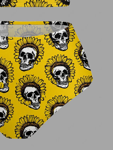 Gothic Skull Sunflower Print Lace Up Tankini Swimsuit (Adjustable Shoulder Strap)
