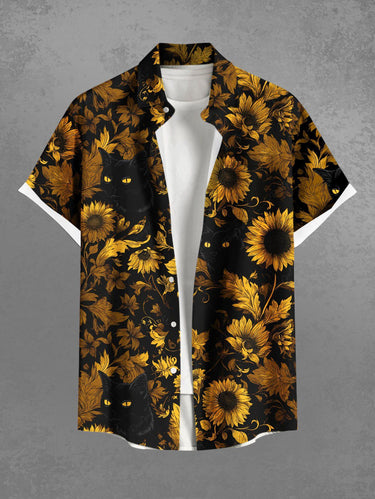 Gothic Plus Size Sunflower Cat Print Button Pocket Shirt For Men