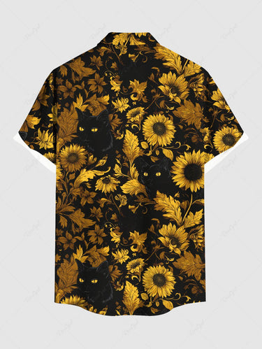 Gothic Plus Size Sunflower Cat Print Button Pocket Shirt For Men