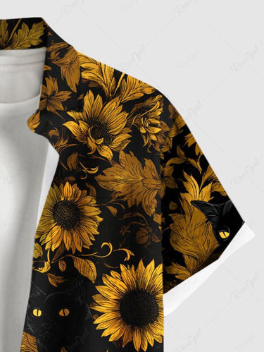 Gothic Plus Size Sunflower Cat Print Button Pocket Shirt For Men