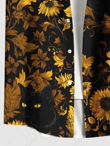 Gothic Plus Size Sunflower Cat Print Button Pocket Shirt For Men