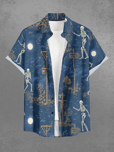 Gothic Plus Size Skeleton Cablecar Moon Print Button Pocket Shirt For Men