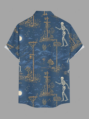 Gothic Plus Size Skeleton Cablecar Moon Print Button Pocket Shirt For Men