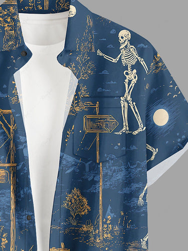 Gothic Plus Size Skeleton Cablecar Moon Print Button Pocket Shirt For Men