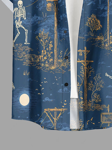 Gothic Plus Size Skeleton Cablecar Moon Print Button Pocket Shirt For Men