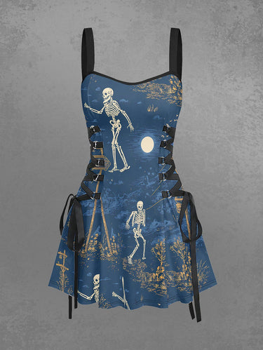 Gothic Skeleton Cablecar Moon Print Lace Up A Line Dress