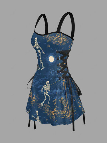 Gothic Skeleton Cablecar Moon Print Lace Up A Line Dress