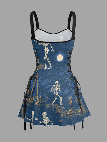 Gothic Skeleton Cablecar Moon Print Lace Up A Line Dress