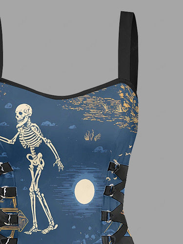 Gothic Skeleton Cablecar Moon Print Lace Up A Line Dress