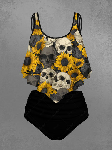Gothic Skull Sunflower Print Peplum Hem Tankini Swimsuit (Adjustable Shoulder Strap)