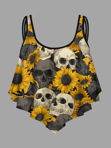 Gothic Skull Sunflower Print Peplum Hem Tankini Swimsuit (Adjustable Shoulder Strap)