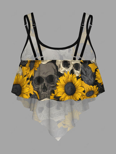 Gothic Skull Sunflower Print Peplum Hem Tankini Swimsuit (Adjustable Shoulder Strap)