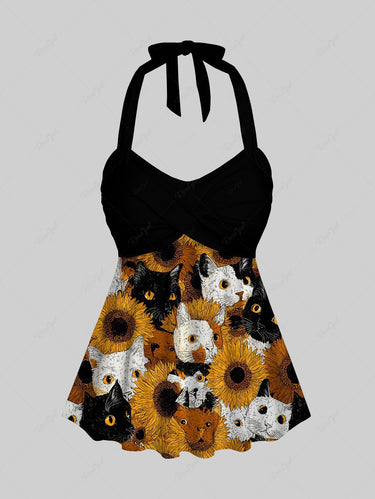 Gothic Cat Sunflower Print Twist Halter Backless Cinched Boyleg Tankini Swimsuit