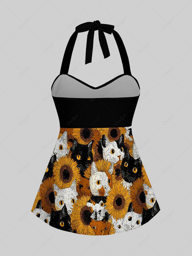 Gothic Cat Sunflower Print Twist Halter Backless Cinched Boyleg Tankini Swimsuit