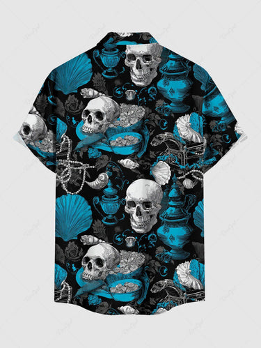 Gothic Plus Size Skull Shell Jewelry Print Button Pocket Shirt For Men