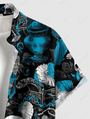 Gothic Plus Size Skull Shell Jewelry Print Button Pocket Shirt For Men