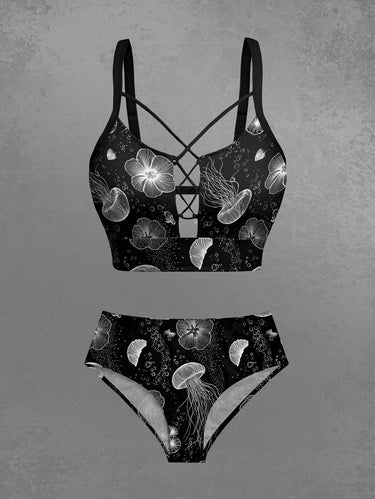 Gothic Jellyfish Flower Print Lace Up Tankini Swimsuit (Adjustable Shoulder Strap)