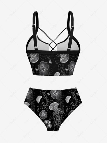 Gothic Jellyfish Flower Print Lace Up Tankini Swimsuit (Adjustable Shoulder Strap)