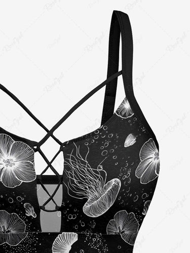 Gothic Jellyfish Flower Print Lace Up Tankini Swimsuit (Adjustable Shoulder Strap)