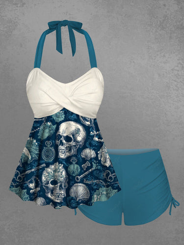 Gothic Skull Shell Print Twist Halter Backless Cinched Boyleg Tankini Swimsuit