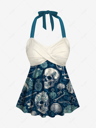 Gothic Skull Shell Print Twist Halter Backless Cinched Boyleg Tankini Swimsuit