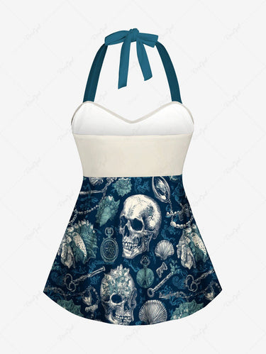 Gothic Skull Shell Print Twist Halter Backless Cinched Boyleg Tankini Swimsuit