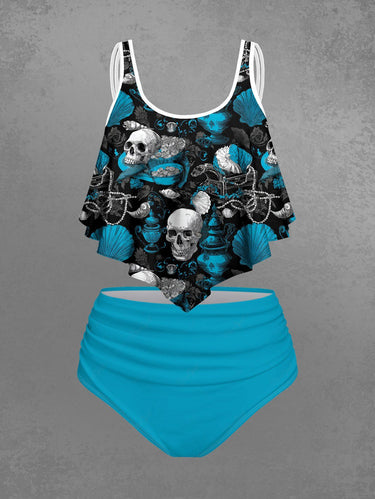 Gothic Skull Shell Jewelry Print Peplum Hem Tankini Swimsuit