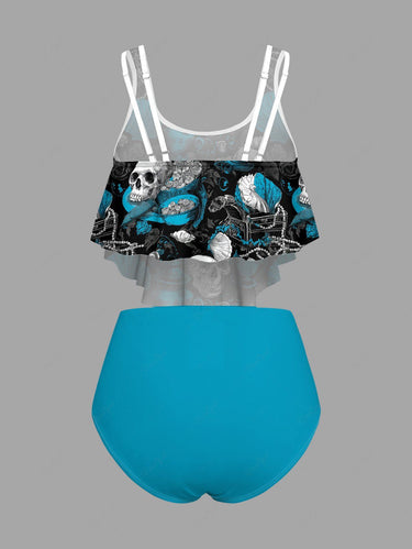 Gothic Skull Shell Jewelry Print Peplum Hem Tankini Swimsuit