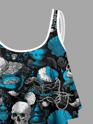 Gothic Skull Shell Jewelry Print Peplum Hem Tankini Swimsuit