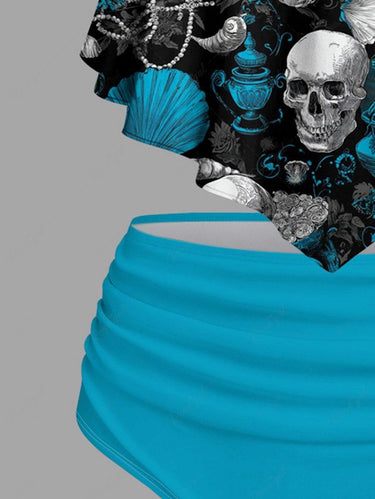 Gothic Skull Shell Jewelry Print Peplum Hem Tankini Swimsuit
