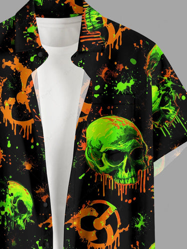 Gothic Plus Size Skull Drop Print Button Pocket Shirt For Men