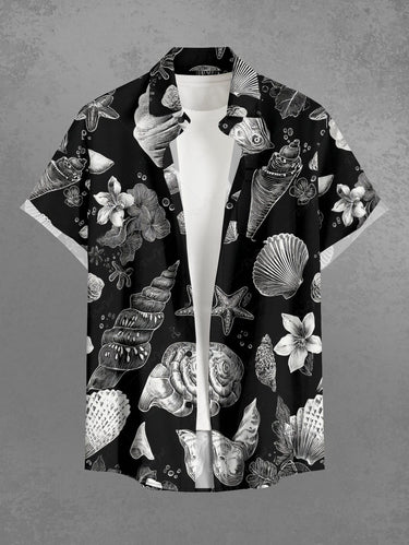 Gothic Plus Size Conch Shell Hibiscus Flower Print Button Pocket Shirt For Men