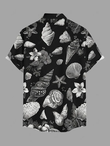 Gothic Plus Size Conch Shell Hibiscus Flower Print Button Pocket Shirt For Men