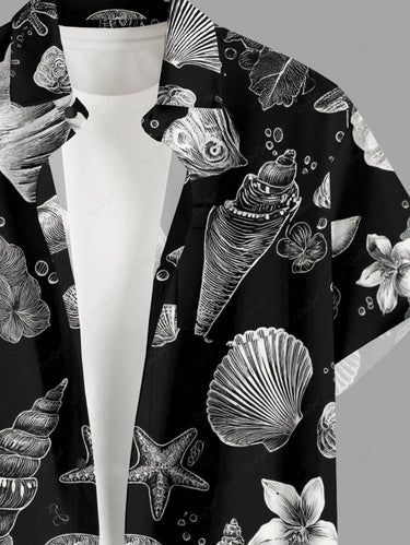 Gothic Plus Size Conch Shell Hibiscus Flower Print Button Pocket Shirt For Men
