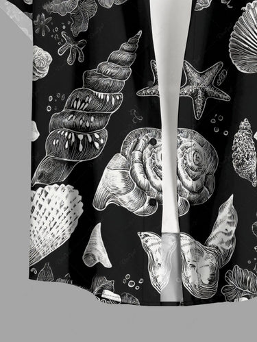 Gothic Plus Size Conch Shell Hibiscus Flower Print Button Pocket Shirt For Men