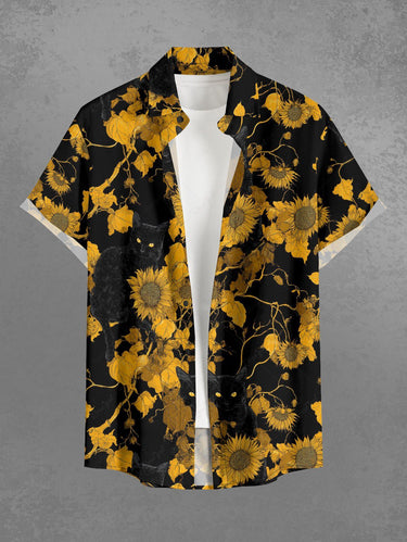 Gothic Plus Size Sunflower Leaf Branch Print Button Pocket Shirt For Men