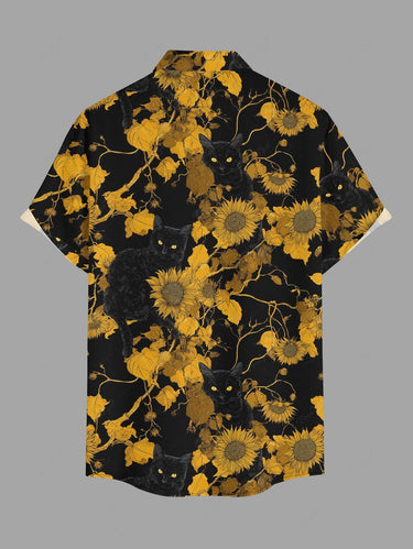 Gothic Plus Size Sunflower Leaf Branch Print Button Pocket Shirt For Men